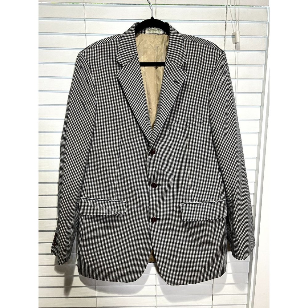 Orvis Mens 42L Gingham Blazer‎ Navy Blue White 3 Button Sport Coat Jacket Long